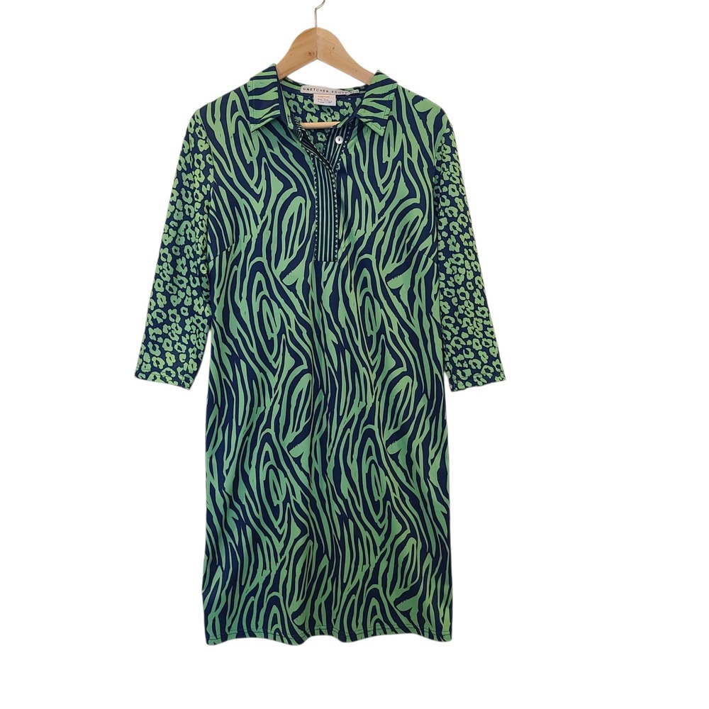 Gretchen Scott Green Navy Zebra Leopard Mix Print Shift Dress Medium Jersey